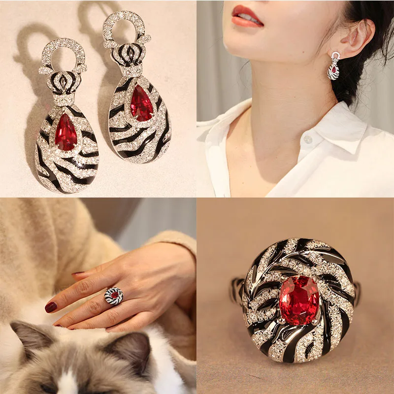 2023 New Trend Modern Retro Zebra Pattern Ruby Jewelry Sets For Women European American Fashion Leopard Rings Dangle Earrings