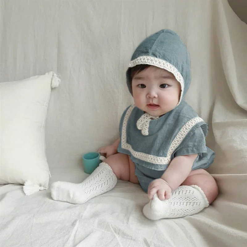 

ZOETOPKID 2PCS Summer Sailor Collar Kids Baby Girls Boys Bodysuit Thin Breathable Lace Infant Clothing With Hat Clothing