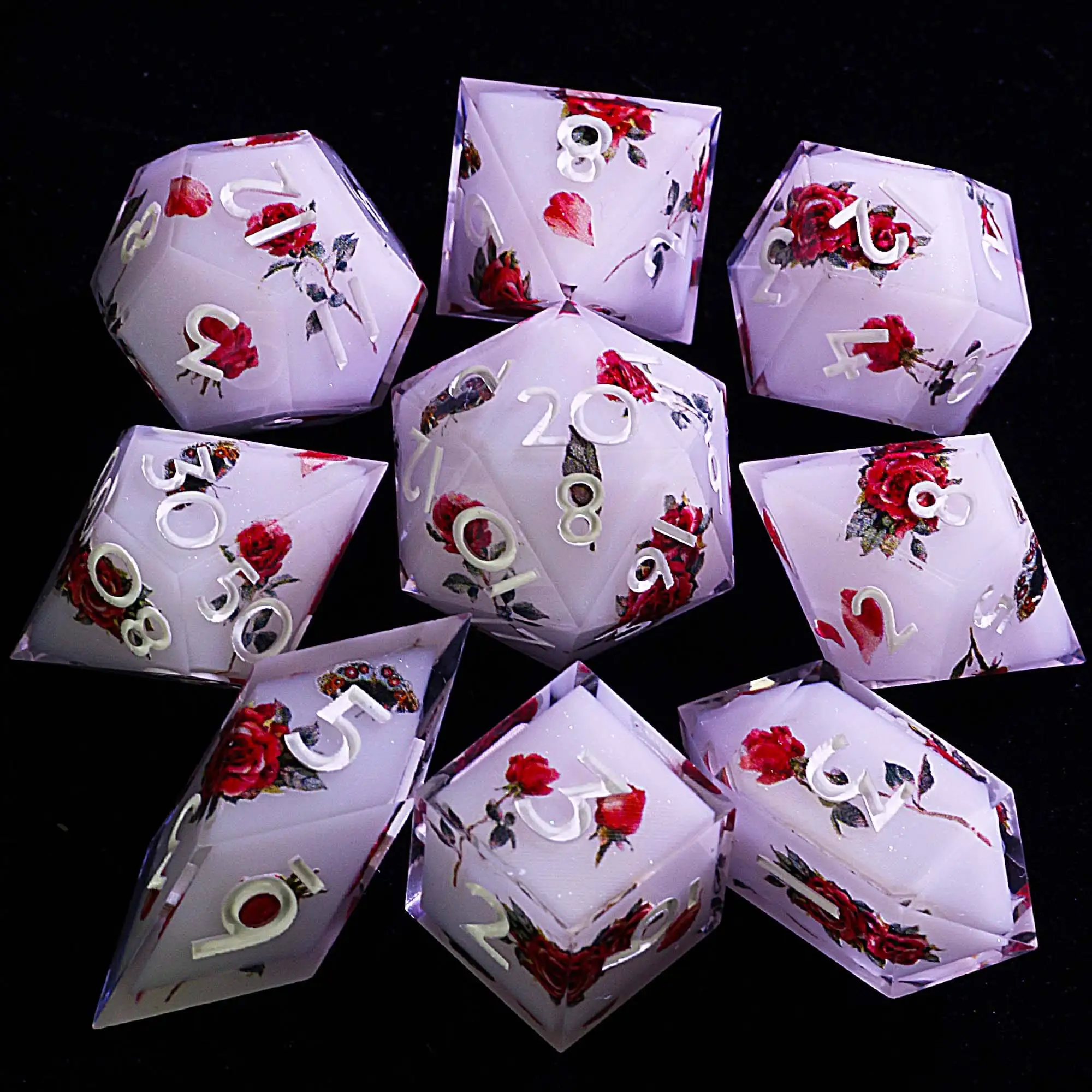 

9 Polyhedral Resin Sets of Dice D&D White Romantic Butterfly Rose
