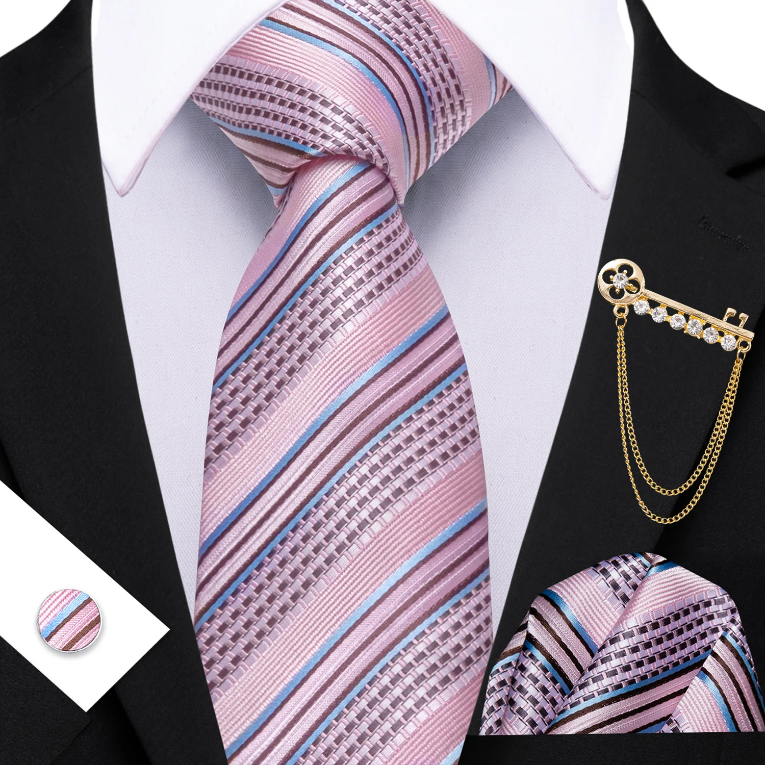 Men's Fashion Striped Blue Gol - Pocket Square Set review and price