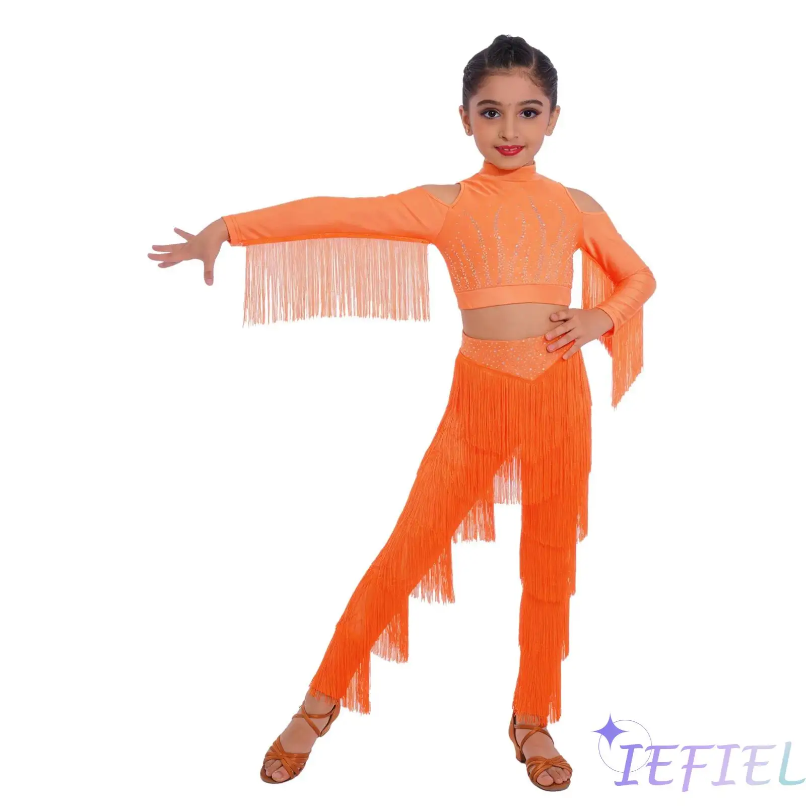 Kids Salsa Latin Dance Outfit Cold Shoulder Tassels Long Sleeves Shiny Rhinestones Crop Top with Pants Girls Tango Dance Costume