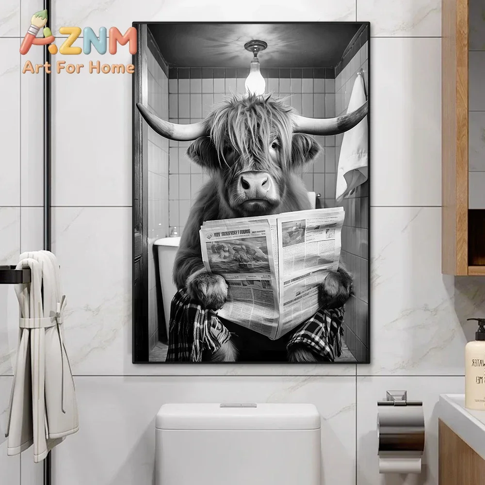 Funny Scottish Highland Cow Reading Newspaper in Toilet Cute Animal Panda Elephant Bathroom Poster and Prints Wall Art Pictures