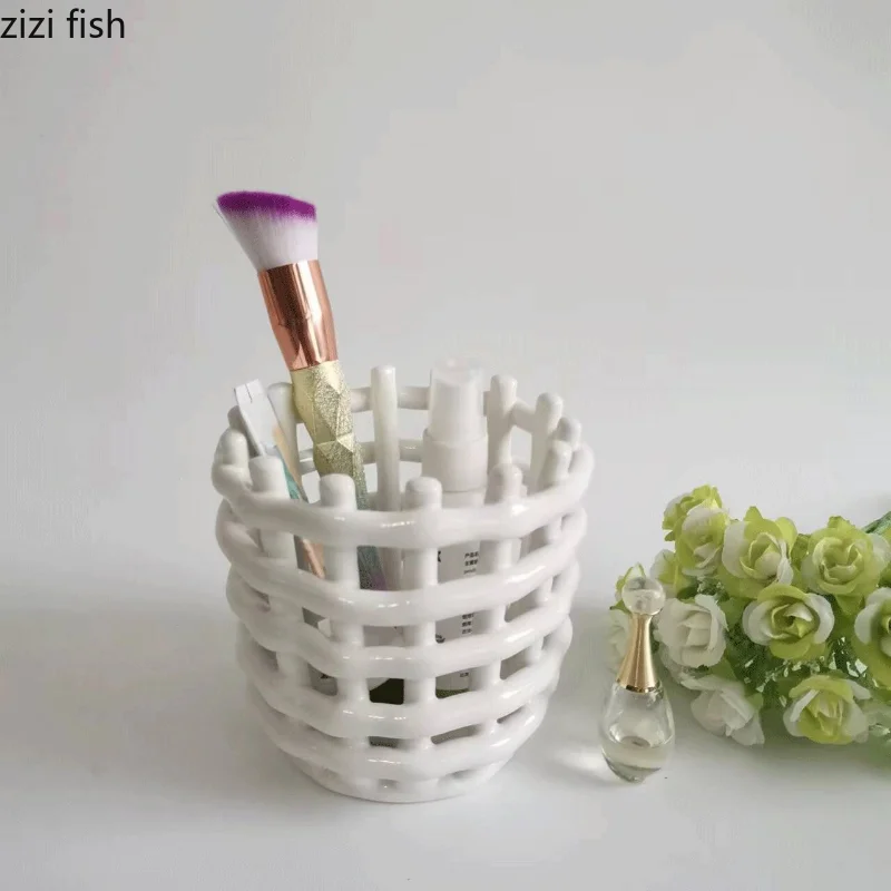 Ceramic Hand-woven Basket Fruit Plate Snack Box Candy Plate Organize Trays Storage Jar Organizer Storage Tube Storage Basket