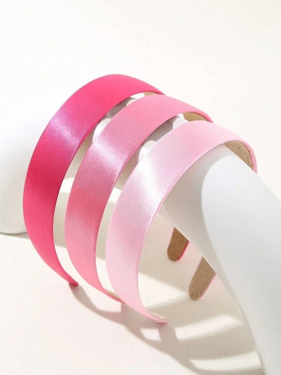 

3pcs Wide Pink Satin Headbands Set For Women Casual Hair Accessories