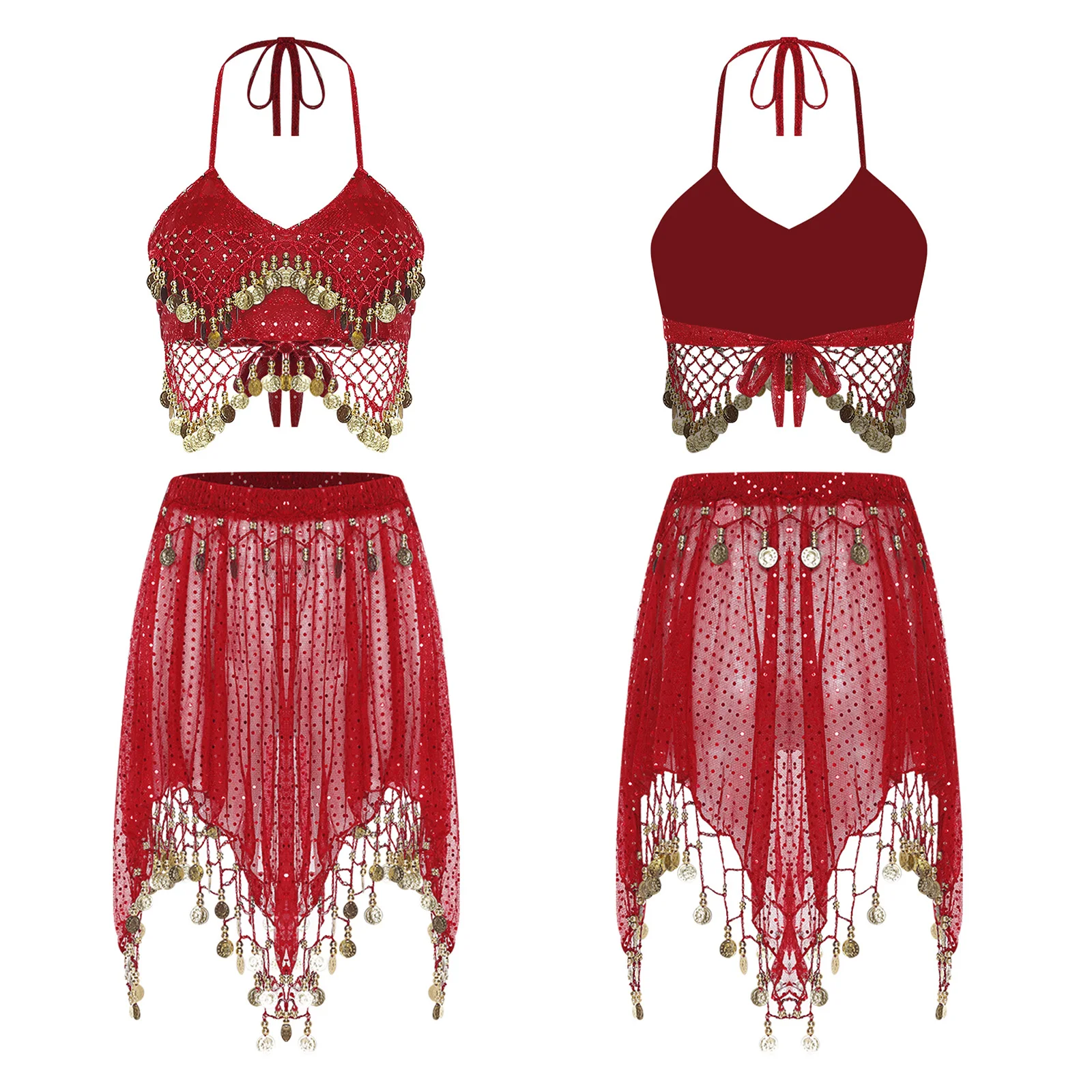 Womens Belly Dance Outfits Tassel Sequined Crop Top with Irregular Hem Skirt for Cultural Festival Dance Performance Costume