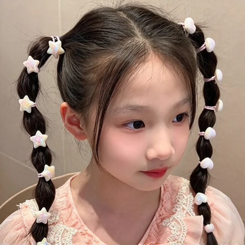 10/20/30PCS Children Girls Pearl Hair Ties Heart Star Shaped Elastic Stretchy Hair Bands for Toddler Kids Girls Ponytail Holder