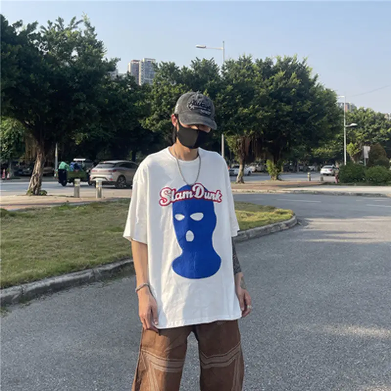 

American retro street masked man printed t-shirt men national fashion hip-hop Korean style loose casual couple style niche top