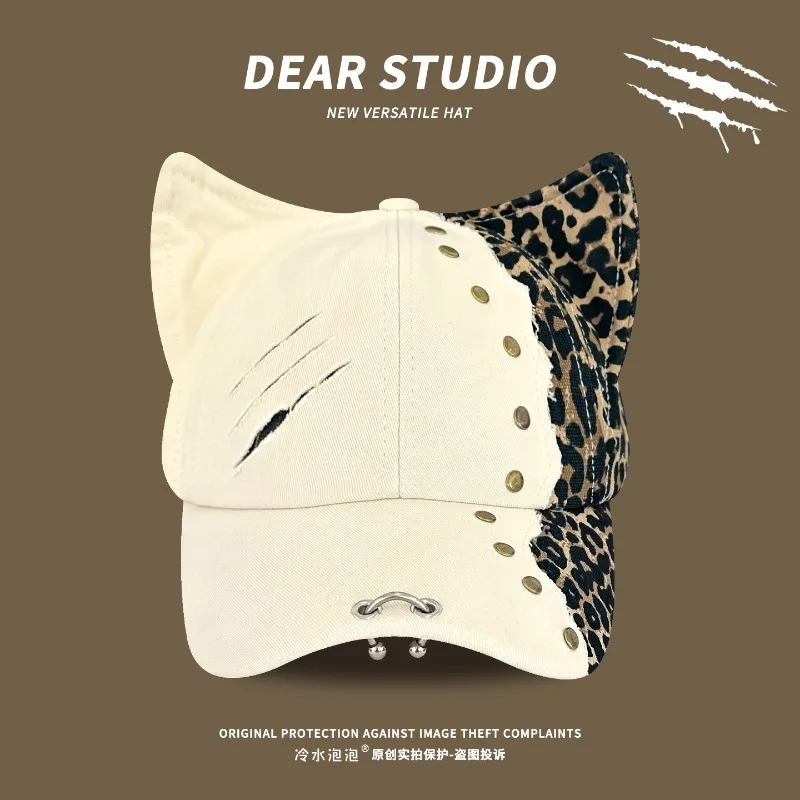 Personalisierte Nieten-Design Leopardenmuster Katzenohren Baseballkappen Y2K Frühling Sommer Sonnenschutz Vielseitige Hip-Hop-Hüte für Frauen