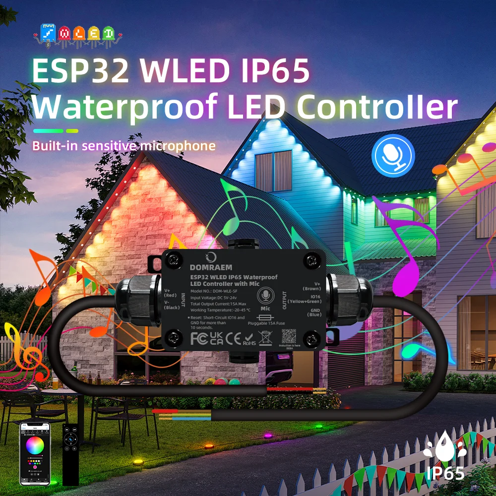 DOMRAEM ESP32 DIY Addressable WLED IP65 Waterproof LED Controller with Mic, 1CH 15A Fuse, Supports WS2811/12B/05etc RGB IC Strip