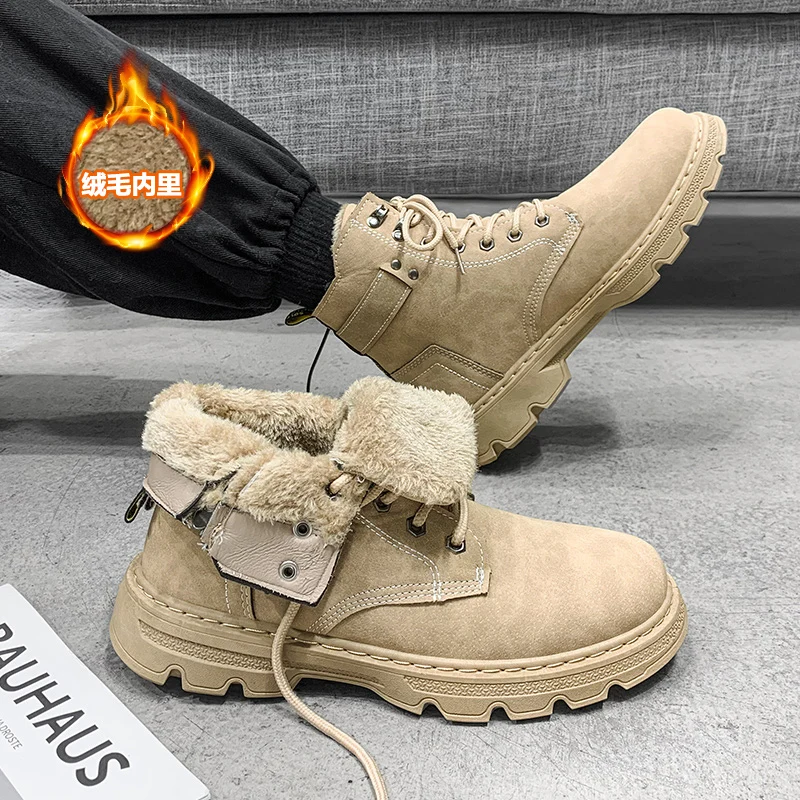 

Men Lace Up Winter High Top Work Boots Fleece Lined Pu Leather Non Slip Rubber Sole Cold Weather Outdoor Footwear
