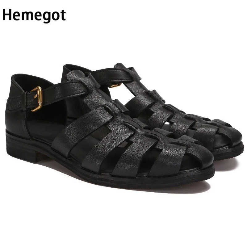 Roman Hollow Sandals Men Shoes Retro Round Toe Layer Cowhide Baotou Summer New Personality Street Leather Sandals for Men