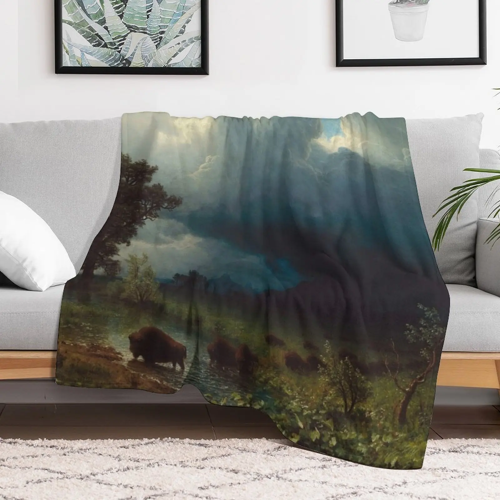 Buffalo Trial, The Impending Storm Albert Bierstadt 1869 Nature Art Throw Blanket Multi Use Warm Blanket for Living Room Bedroom