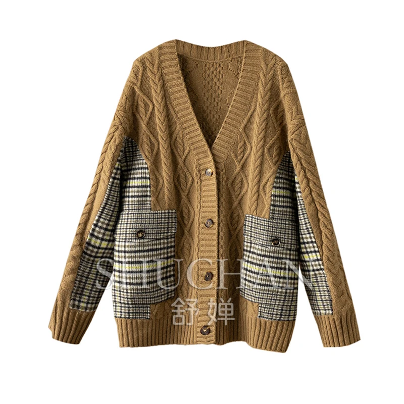 

Knit Cashmere Patchwork Plaid Cashmere V-neck Sweater Cardigan Women Coat Women Sueters De Mujer Casacos Femininos Inverno