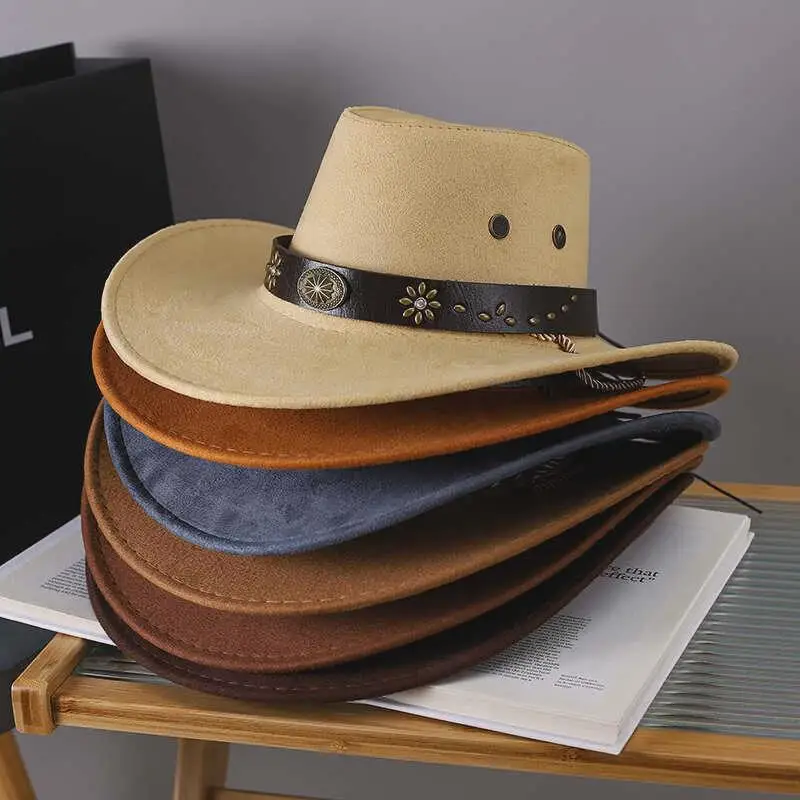 جديد الجلد المدبوغ الاصطناعي قبعات رعاة البقر الغربية خمر كبيرة الحافة شهم راعية البقر الجاز قبعة عطلة قبعة الحفلات