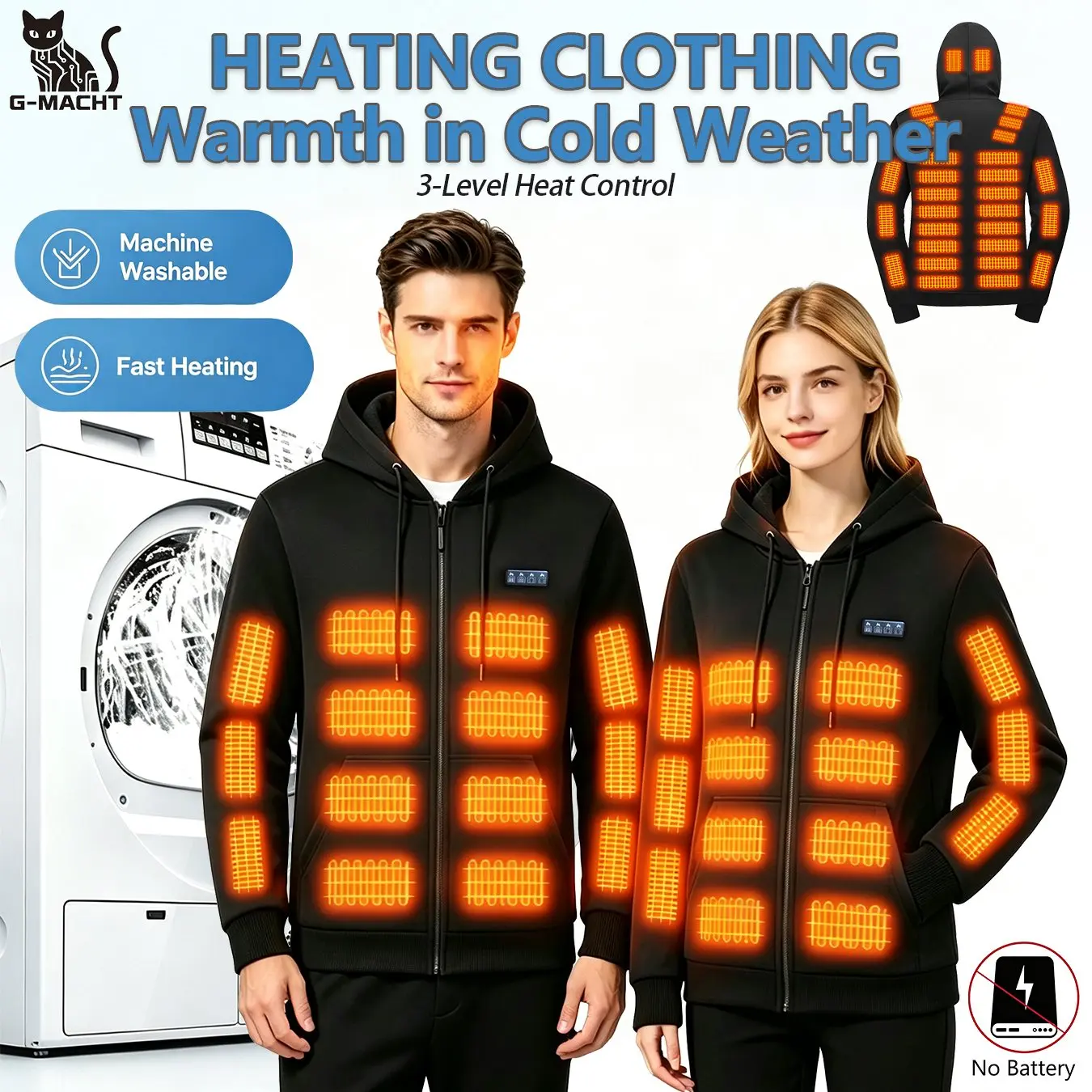 Chaqueta con capucha y calefacción USB, unisex, con 3 niveles de temperatura y control de 4 posiciones, 38 zonas de calefacción, abrigo de invierno de manga larga, no incluye batería.