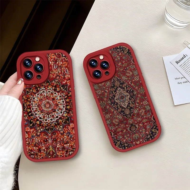 Funda de teléfono con patrón Floral de alfombra persa roja para IPhone, 11, 13, 14, 12 Pro Max, Mini, Xs, X, Xr, 7, 8 Plus, SE2020, textura de cuero