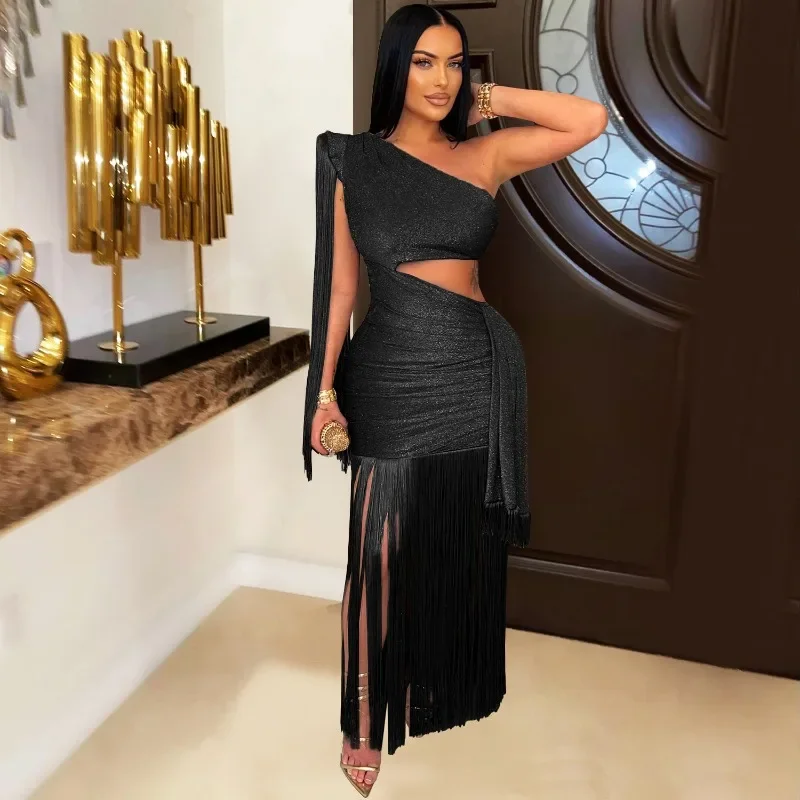 GUWU Damen One-Shoulder-Kleid mit Ausschnitt, Taille am Saum, Quaste, Midi-Maxi-langes Kleid, 2025, Club, sexy Abschlussball, Party, Abend, figurbetonte Kleider