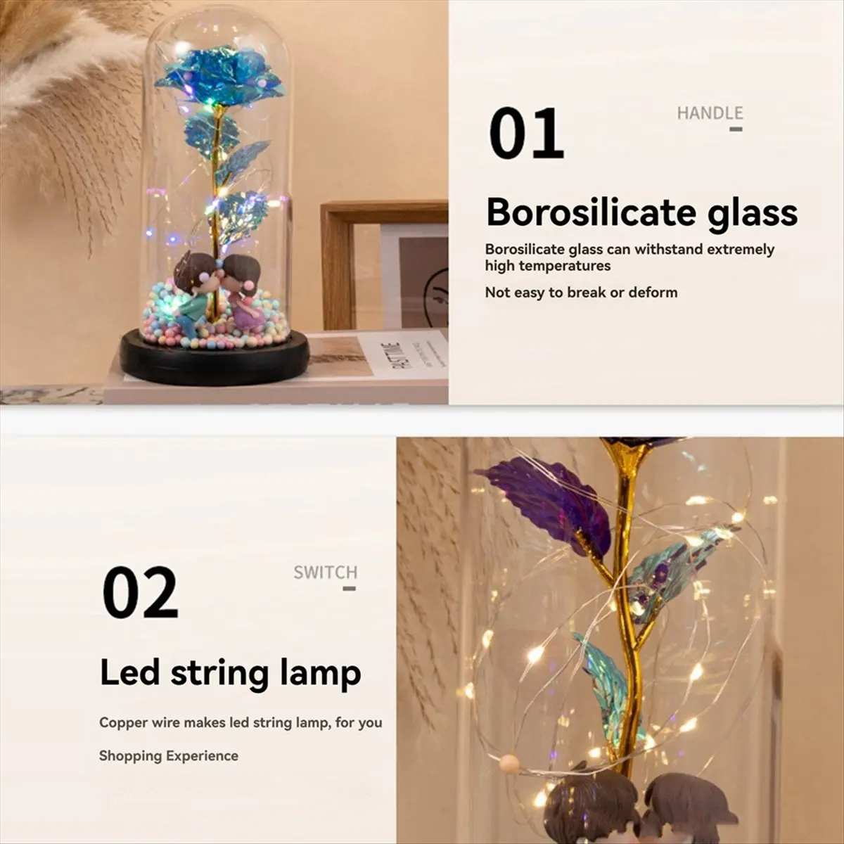 RANA Valentines Day Rose Gift for Her - Galaxy Butterfly Rose in Glass Dome with LED Rose Red