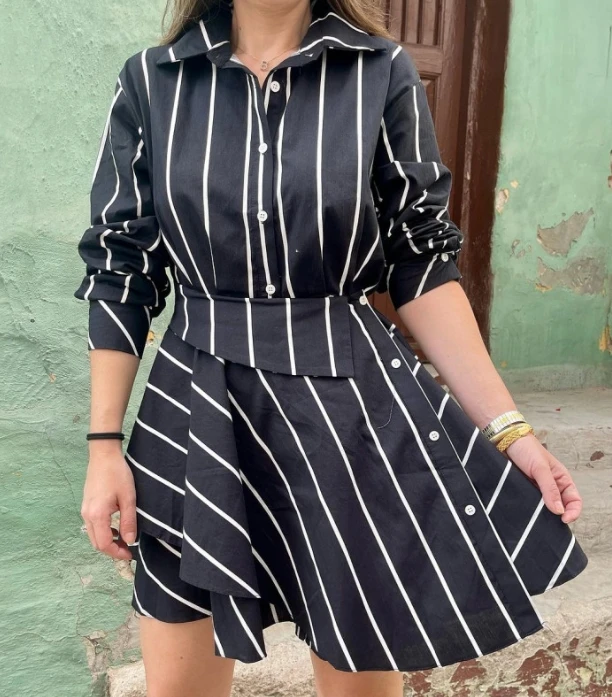 

Fashion Shirt Dresses for Women 2024 Summer Classic Black White Striped Print Long-Sleeve High Waist Slim A Line Women's Dress