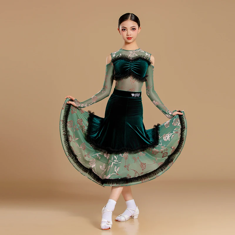 

Waltz Ballroom Dance Professional Dresses Green Velvet Mesh Modern Dancing Suit Girls Latin Dance Competition Costume XS10561
