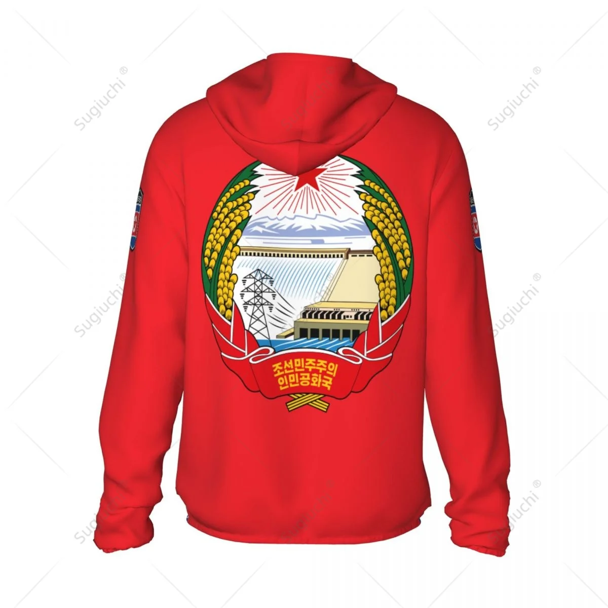 Bandeira da Coréia do Norte Sun Protection Hoodie, Roupas de protetor solar, Pesca, Ciclismo, Corrida, Secagem rápida, Manga comprida com zíper, Poliéster