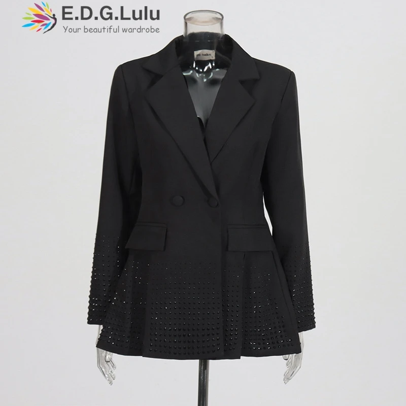 EDGLuLu 2025 Spring New Hot Stamping Design Luxury Quality Turn-Down Collar Office Blazer Coat Women Black Suit Jacket 1216