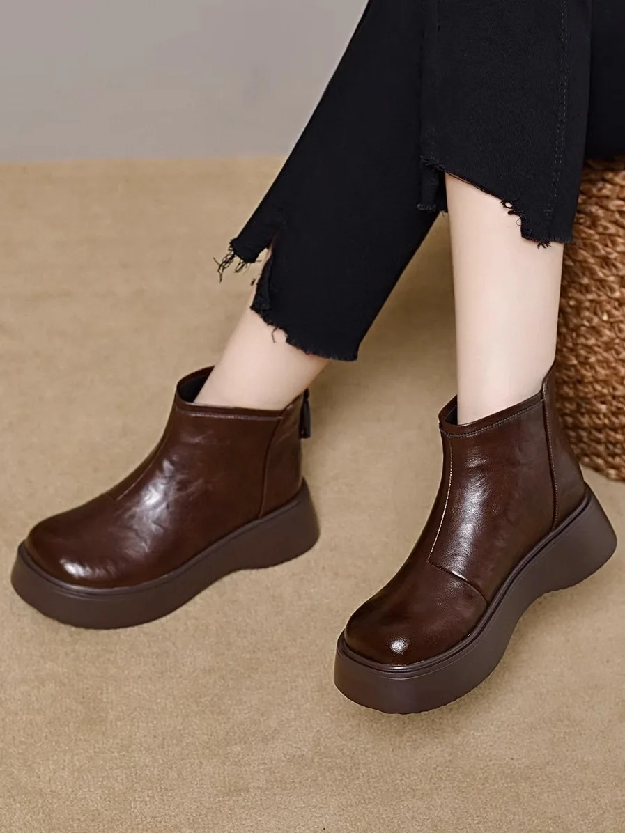 

Leather ort Boots Women's Autumn Winter New round Head Platform Retro All-Match Small Thi Bot Women's Boots Fce Lin...