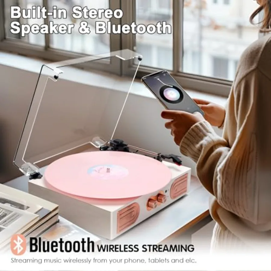 Vinyl Record Player with Built-in Speakers 3-Speed Vintage Record Player Support Trebleand Bass Control, 3.5mm Headphone Jack, view 5