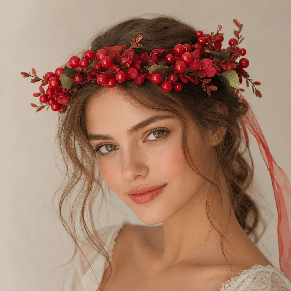 Large Red Berry Garland Red Flower Green Leaf Artificial Flower Garland Ribbon Wine Red Rose Ribbon Wreath Headband - view 3