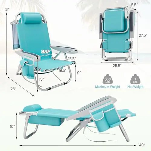 

2pcs Portable Folding Beach Chair With 5-Position Recline, Dual Cup Holders, Towel Rack, Storage Pouch And Carry Straps