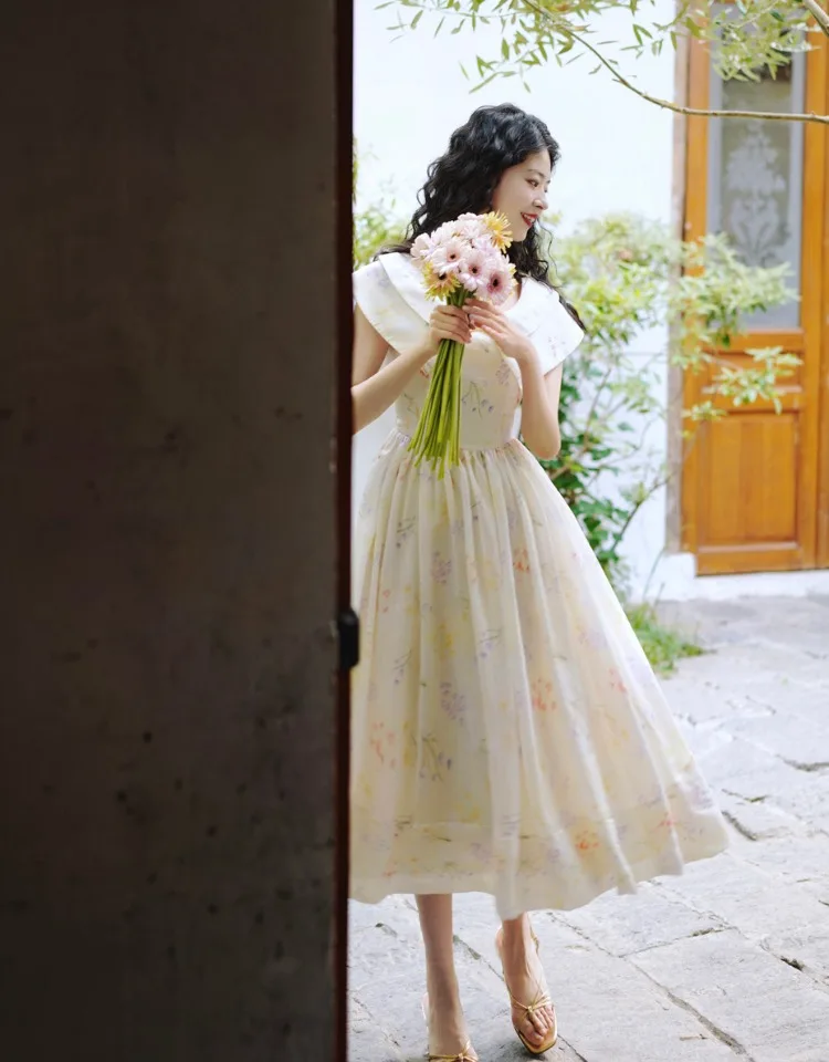 86-94cm bustsummer vestido longo feminino vintage elegante fino dupla camada turn-down colarinho floral impressão cintura alta grande balanço vestido