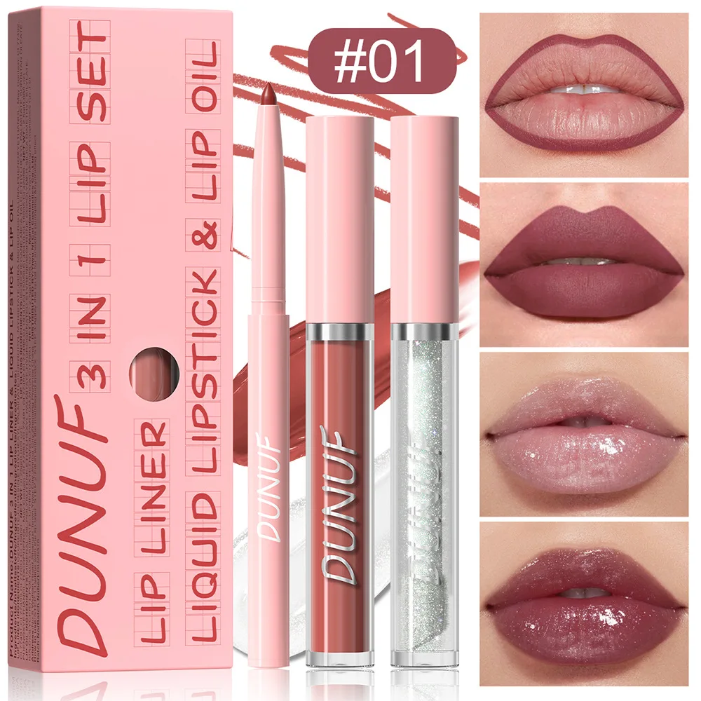 DUNUF 3 in 1 doe lips matte waterproof long-lasting non-flaking non-stick cup lip liner + lip gloss + lip oil