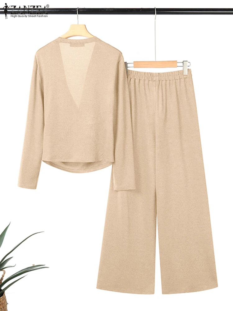 2025 ZANZEA Autumn Knitted Outfits Winter Women 2 Piece Sets Stylish V Neck Long Sleeve Tops Pant Sets Casual Tracksuit Street