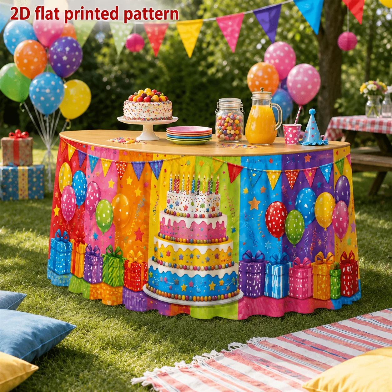 One tablecloth table skirt - polyester birthday print table skirt - cake balloon gift triangle flag sequinszyc