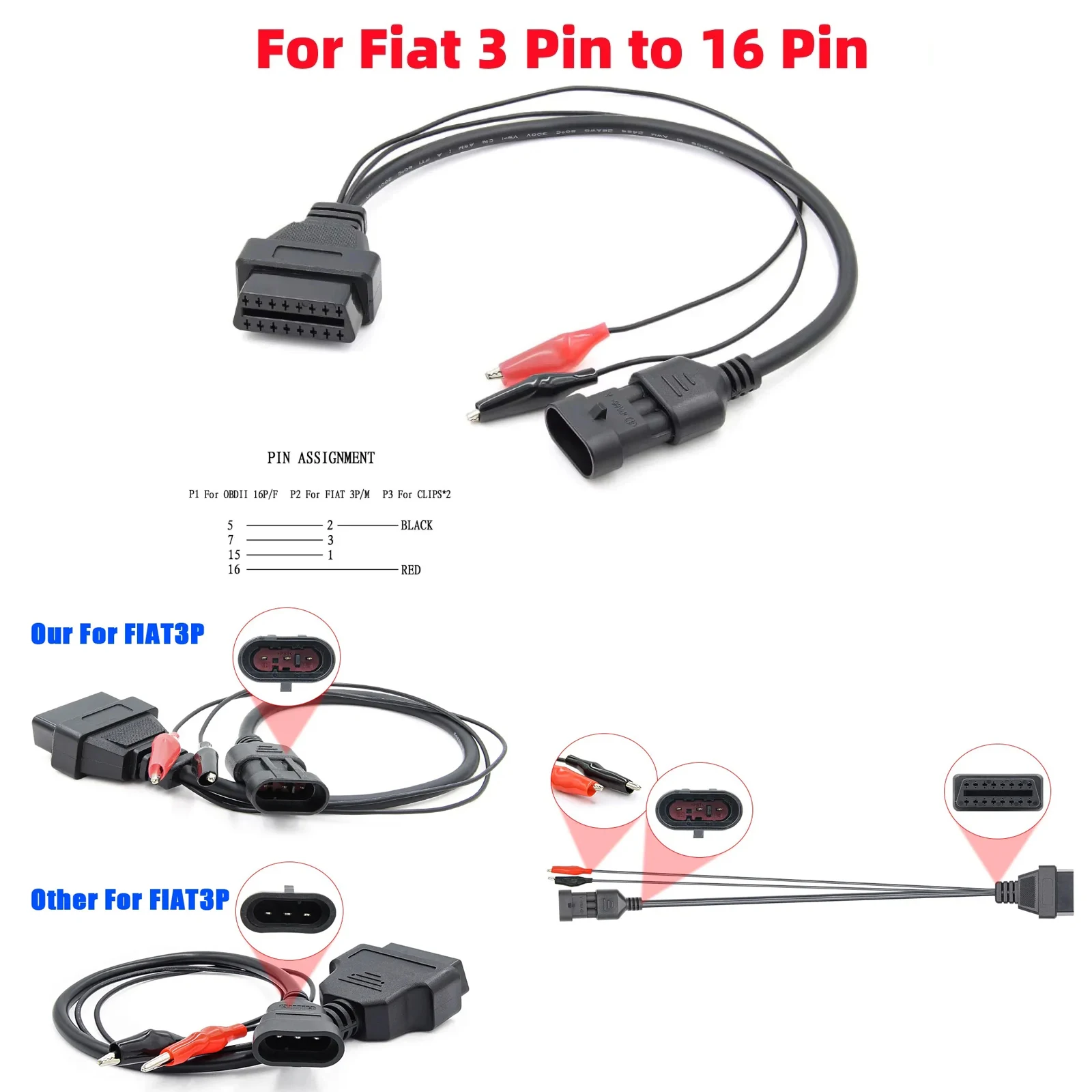 

3Pin to 16 Pin OBDII OBD2 connector Adapter For Fiat / Alfa/ Lancia Car Cable For Fiat 3pin Female Extension Diagnostic Cable