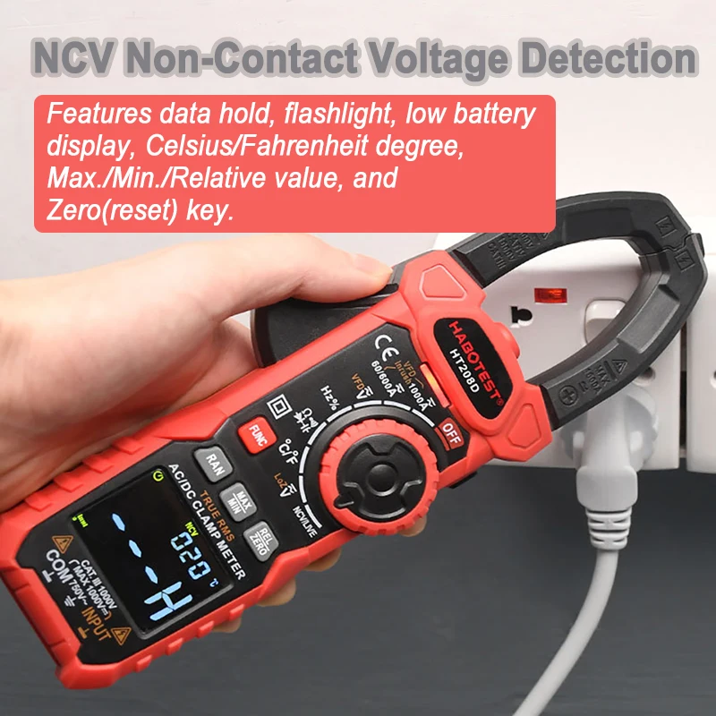 HT208D Digital Clamp Meter T-RMS High Precision AC/DC Multimeter with Amp Volt Diode Resistance Capacitance NCV Ohm Hz Tester