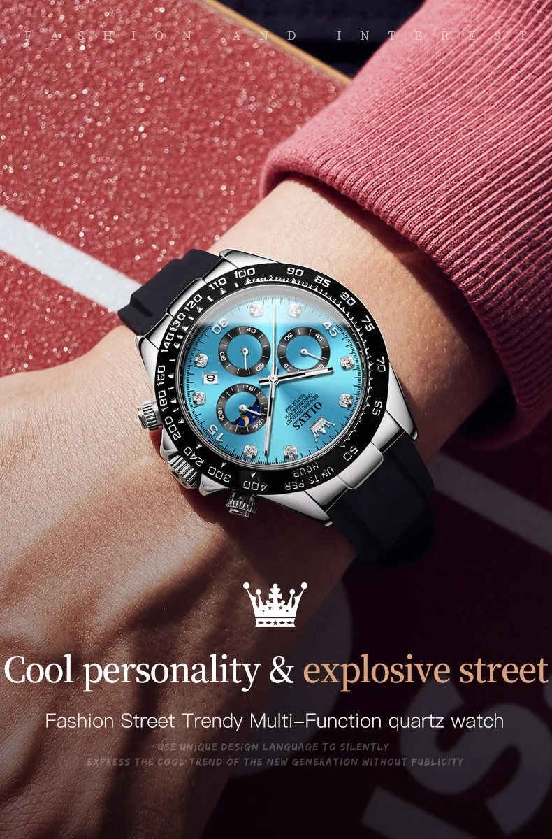OLEVS 2875 Original Luxus Marke Quarzuhr für Männer Silikon Armband Chronograph Auto Datum Wasserdicht Mond Phase Mann Sport Uhr – Detail 2