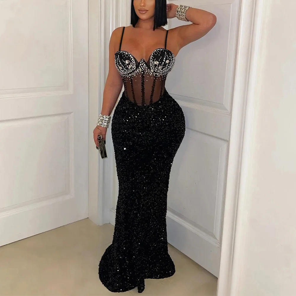 

Sexy Dresses for Woman Spaghetti Strap Square Neck Sleeveless Diamond Sheath Floor Length Elegant Birthday Party Vestidos Mujer