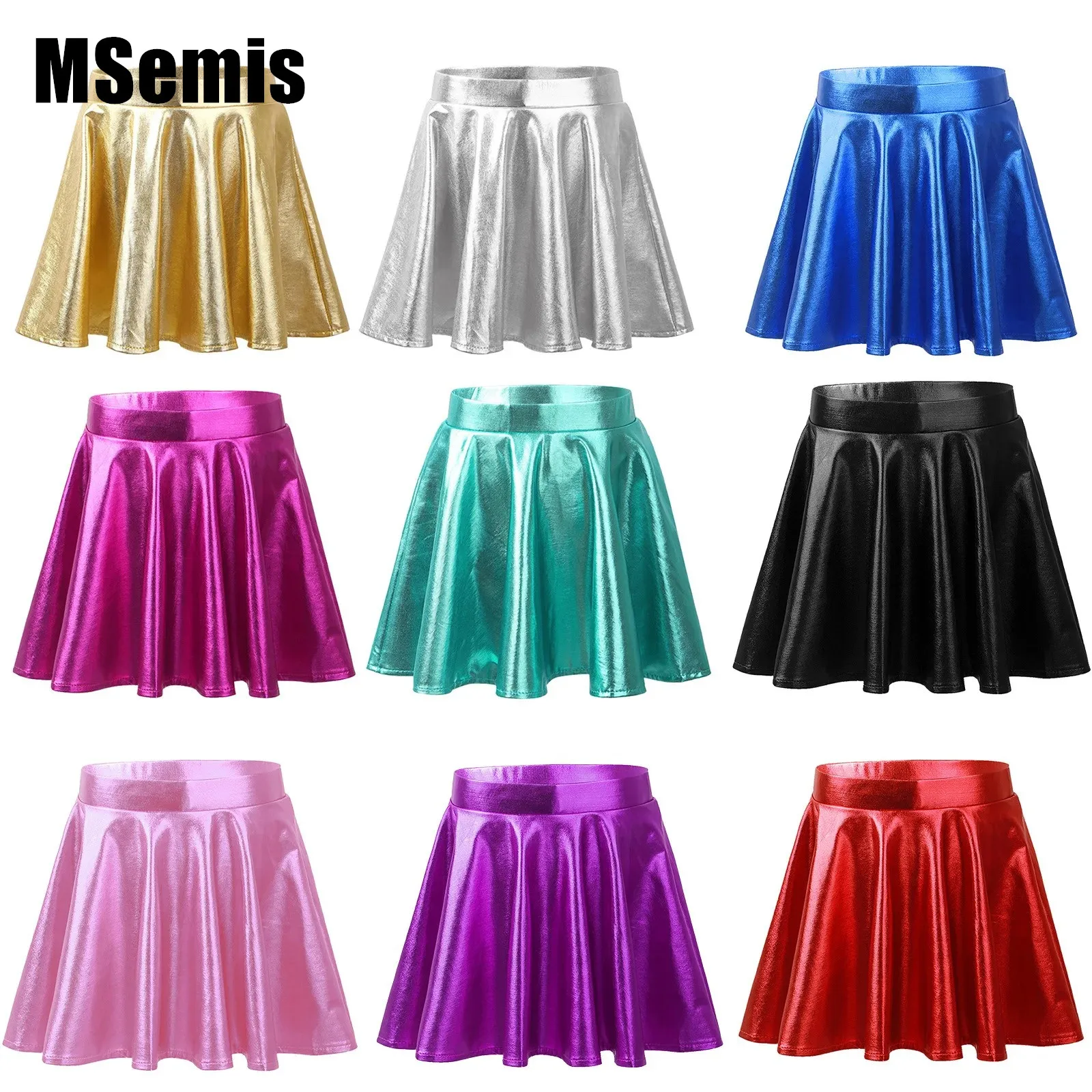 

Kids Girls Metallic Dance Mini Skirt Flared Pleated A-Line Skater Skort Athletic Shiny Scooter Skirt with High Elastic Waistband