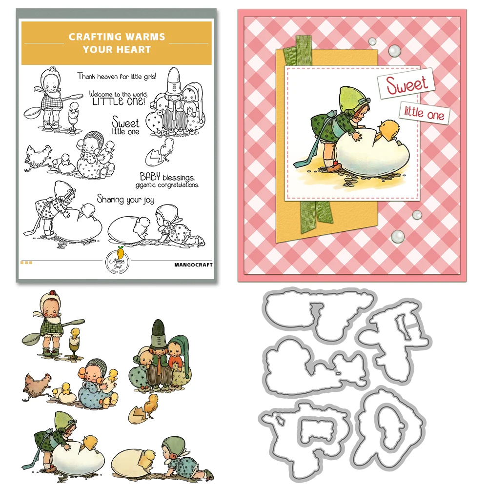 Mangocraft Cute Baby Kids and Egg Chicks Cutting Dies Clear Stamp DIY Scrapbooking Metal Dies Silicone Stamp for Cards Albums