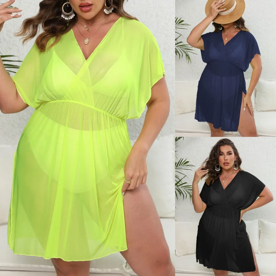 

【New style】Women's blouse large size women's sexy perspective mesh skirt deep V split waist beach dress