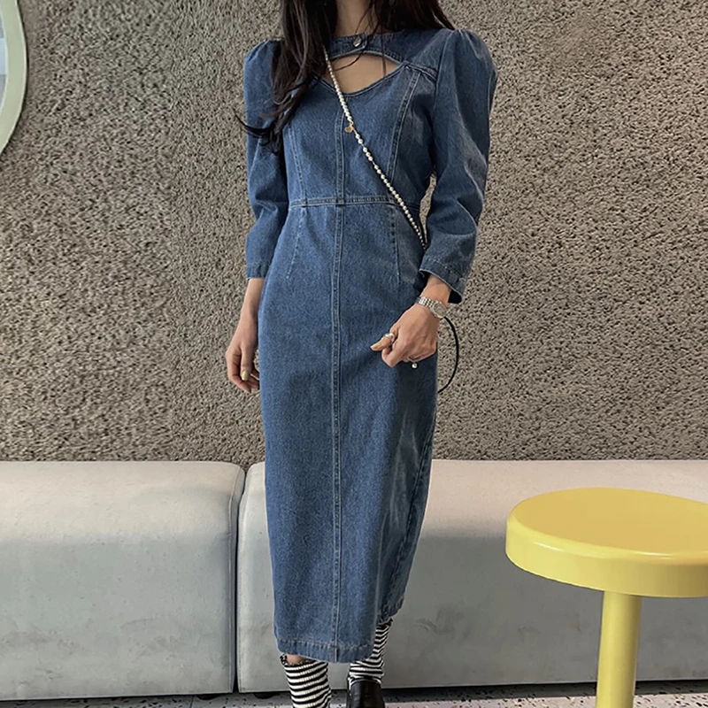 Korean Hollow-out Design Denim Dress Summer Retro Fashion O-Neck Slim Waist Puff Sleeve Dress Women Temperament All-match Skirt