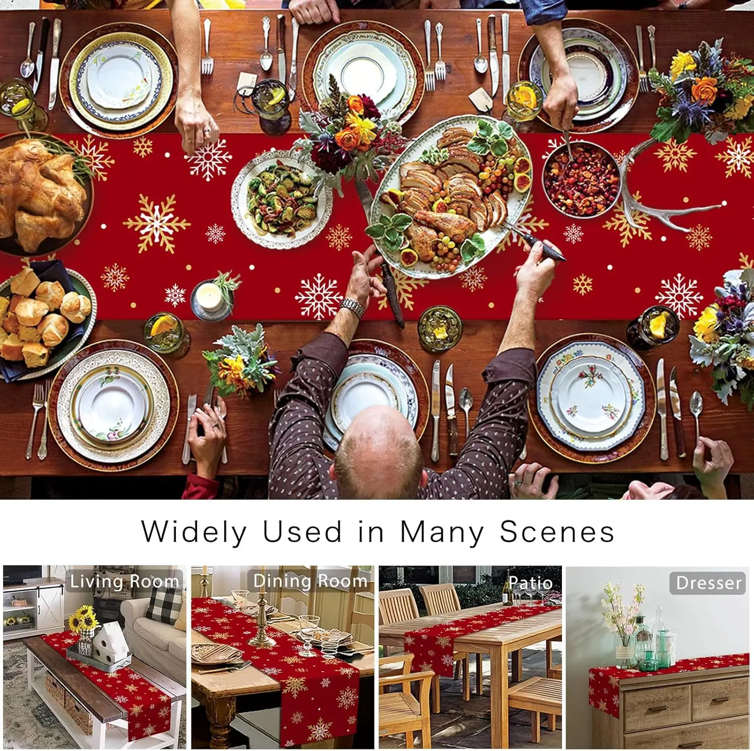 Christmas Gold Snowlfakes Linen Table Runner Holiday Party Decor Winter Xmas Kitchen Dining Table Runners Christmas Decorations