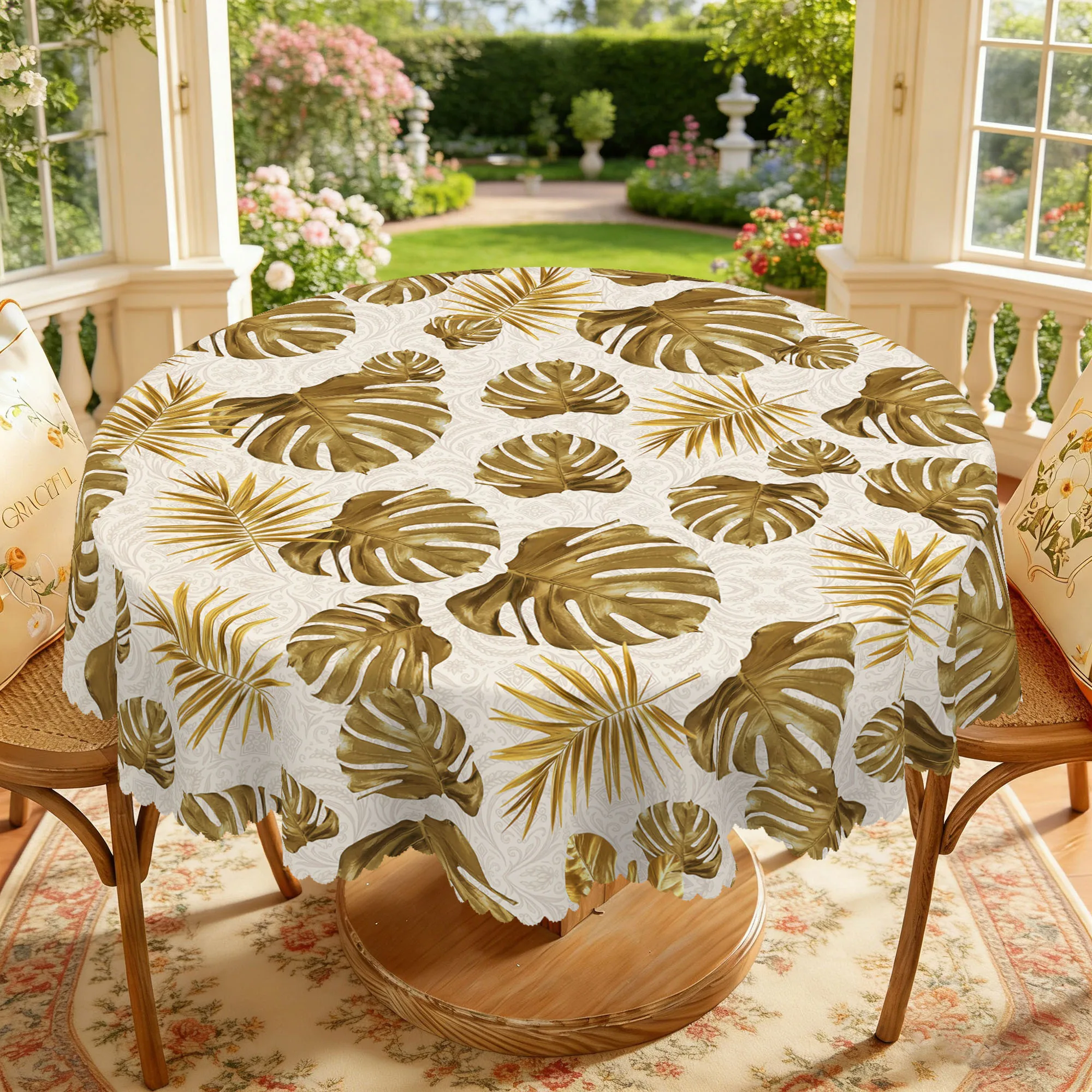 1 Piece of Pastoral-Style Round and Rectangular Tablecloth, Available in 5 Sizes, with a Vintage Pattern Featuring Staggered Gold-Brown Monstera Leaves and Palm Leaves in the Center, Paired with a Printed Round Tablecloth with a Light Base and Textured Pattern, with Embossed Edges, Tropical Vacation Style Decoration, Suitable for Living Room Dining Tables, Garden Gatherings, and Other Occasions, Summer Atmosphere Decoration, Outdoor Party Decoration Gift