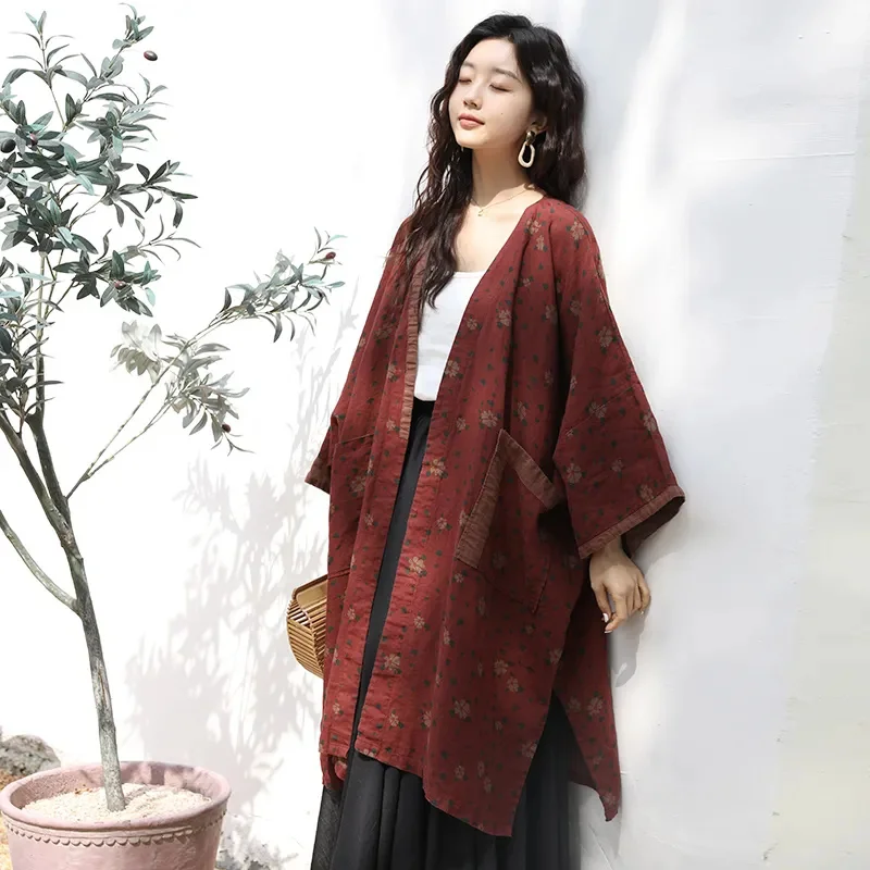 Spring Autumn Ethnic Linen Fashion Printed Windbreaker Outwear Mid-Long Retro Split Loose Cardigan Large Size Trench Coat Female