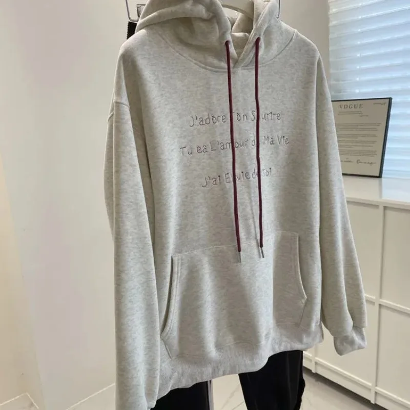 

Маленькая бархатная толстовка с капюшоном и вышивкой для женщин, осень-зима, американский свободный пуловер с буквами, повседневный