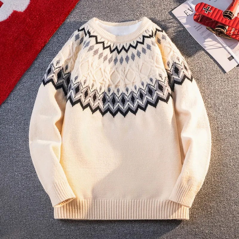 

Свитер в стиле ретро Fair Isle, осенне-зимний лоскутный трикотаж с принтом, теплые пуловеры, топы с круглым вырезом, мужские и женские вязаные свитера