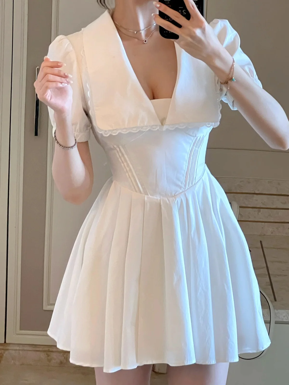 

Lolita Skirt with Bubble Sves And High Waist Design ort Cotton Blend Dr for Women V Ne a Line Dr with Fold ...