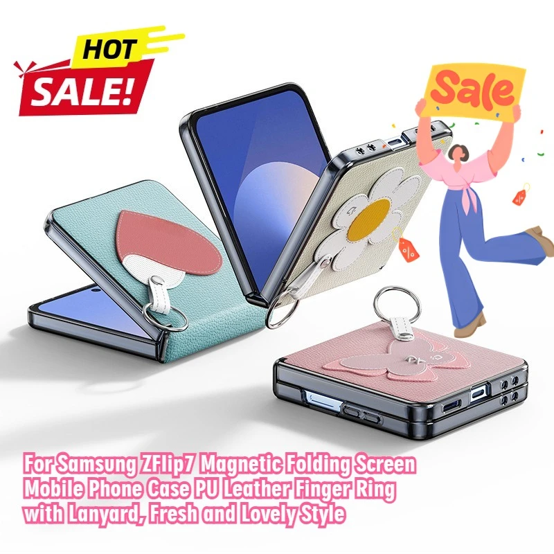 

For Samsung ZFlip7 Magnetic Folding Screen Mobile Phone Case PU Leather Finger Ring with Lanyard, Fresh and Lovely Style