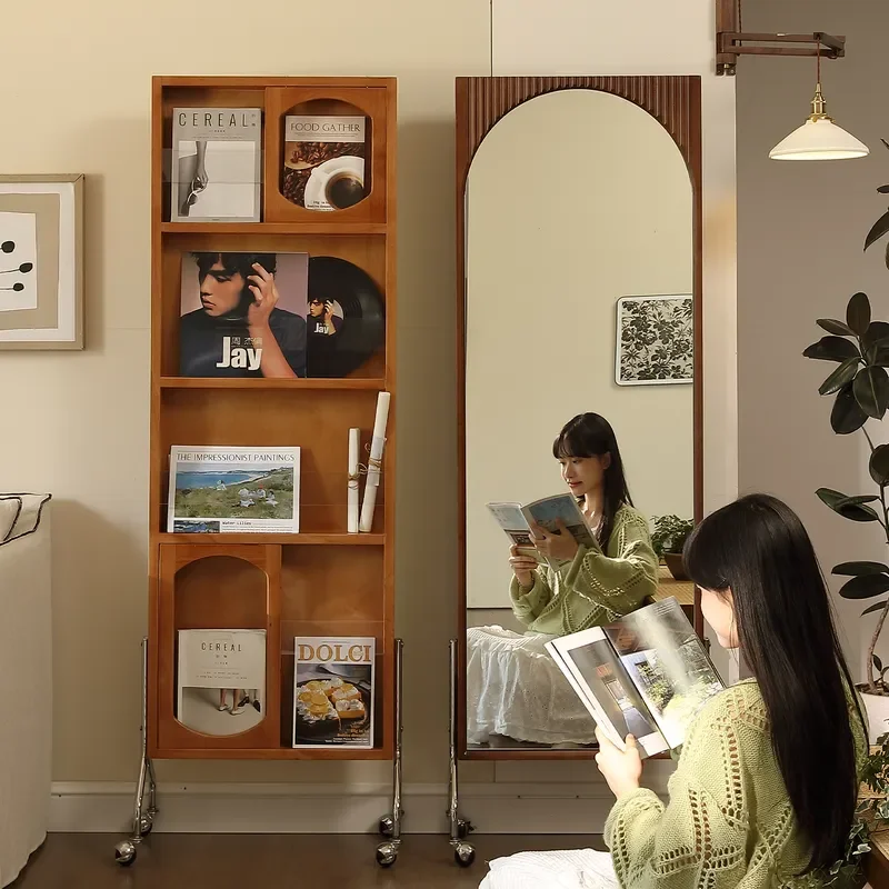 for Medieval Style Full Body Mirror Furniture Movable Rotating Solid Wood Rack Cabinet Integrated Floor Partition Dressing